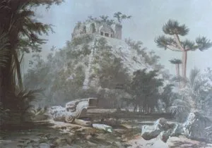Chichén Itzá in Mexiko (Zeichnung von Catherwood, 1843): die Maya galten schon immer als "verwunschene Kultur) (Bild: gemeinfrei / Archiv L. A. Fischinger)