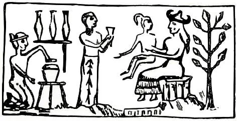 Muttergöttin Ninti (sitzend) bei der Erschaffung des Menschen: Ein Wert von Außerirdischen - den Anunnaki? (Bild: Archiv L.A. Fischinger)