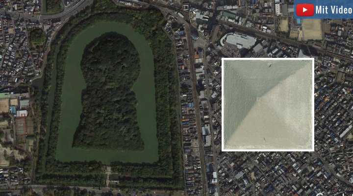 Bedroht durch Grundwasser: Das Riesengrab von Kaiser Nintoku in Japans soll untersucht werden (recht zum Vergleich die Cheops-Pyramide) (Bilder: Google Earth)