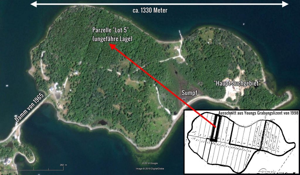 Oak Island - Aktuelle Übersicht mit dem Grundstück Lot 5 von R. S. Young (Bilder: Google Earth Sceenshot & oakislandlotfive.com / Bearbeitung: Fischinger-Online)