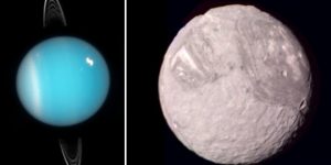 Der Uranus und sein Mond Miranda - zwei Sonderlinge in unserem Sonnensystem [nicht maßstabsgetreu] (Bilder: gemeinfrei)