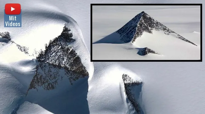 Immer wieder Aufruhr in der Presse und im Netz: Riesige Pyramiden im Eis der Antarktis gefunden? (Bilder: Google Earth / Montage: Fischinger-Online)
