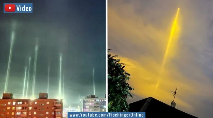 Video: Kuriose Lichtsäulen über Russland sorgen für Spekulationen (Bilder: Twitter / A. Morgen & J. J. Smart)