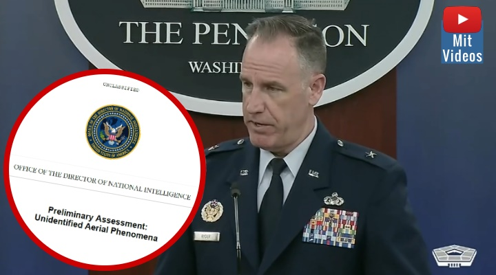 Neuer UFO-Bericht der USA: Pentagon-Pressesprecher Brigadegeneral Pat Ryder hat keine Ahnung wann er kommt (Bilder: Screenshot / DoD/USA / Montage: Fischinger)