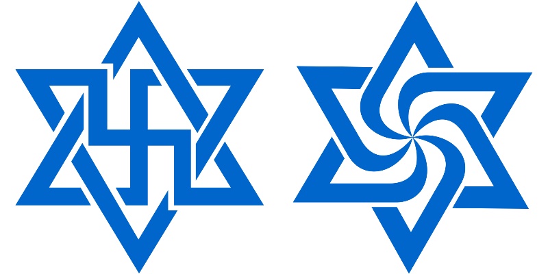 Logos der UFO-Sekte Rael-Bewegung: Links als ursprüngliche (Bilder: gemeinfrei)