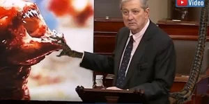 US-Senator Kennedy warnt: Radioaktive Schrimps lassen Dich zu einem Alien mutieren! (Bilder gemeinfrei & YouTube-Screenshot / Montage: Fischinger)