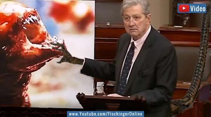 US-Senator Kennedy warnt: Radioaktive Schrimps lassen Dich zu einem Alien mutieren! (Bilder gemeinfrei & YouTube-Screenshot / Montage: Fischinger)