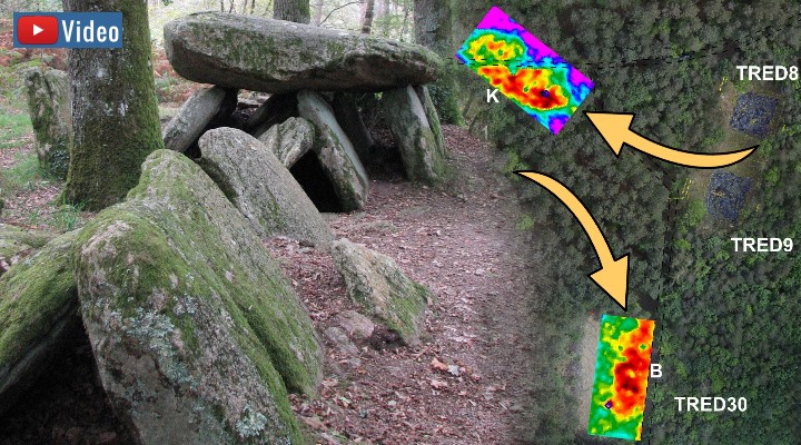 Bis heute nicht geöffnet: 6000 Jahre alte Figuren in Steinzeitgräbern in Frankreich? (Bilder: Ph. Gouézin / Google Earth / Montage: Fischinger)